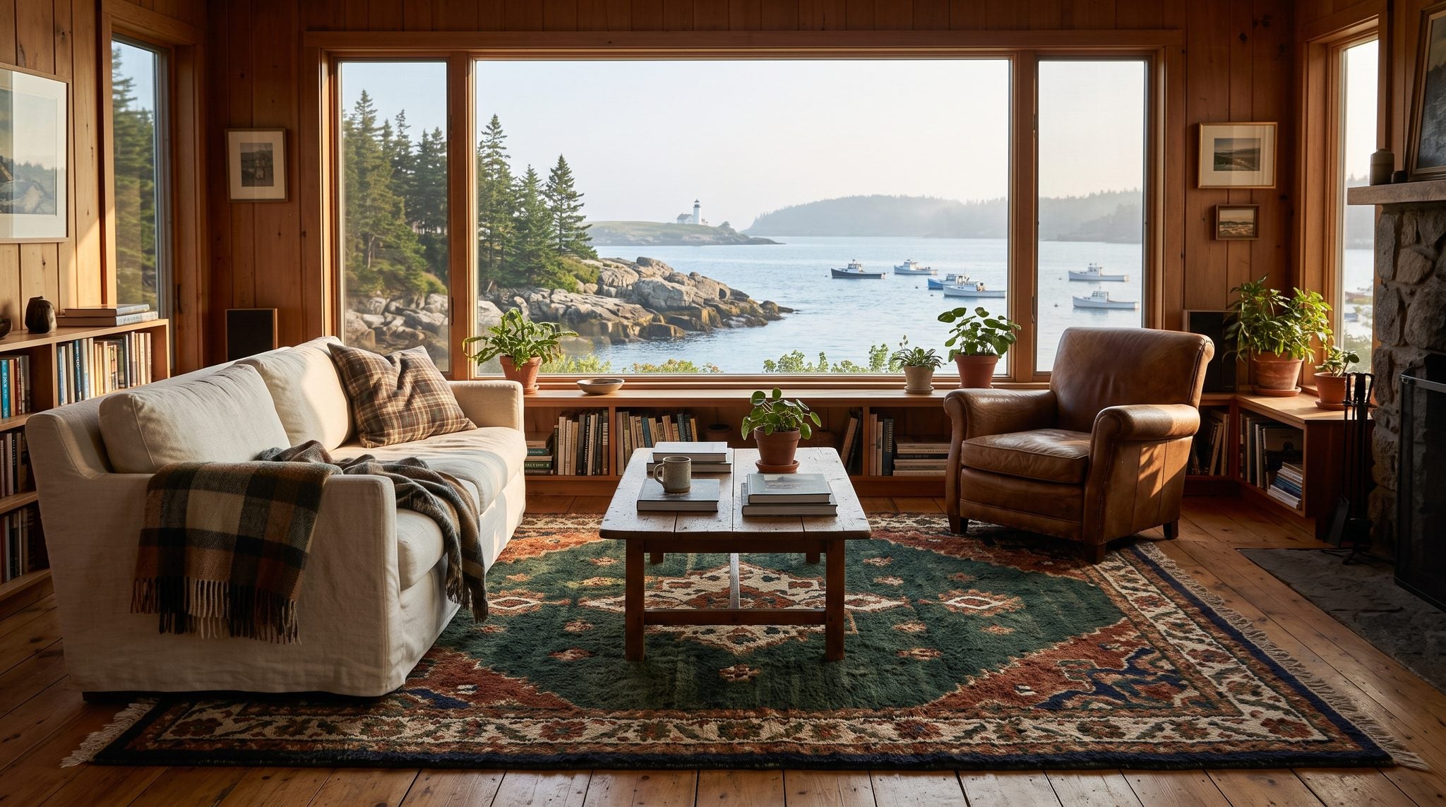 Sunlit window view of a rocky Maine harbor with pine trees, boats and a distant lighthouse