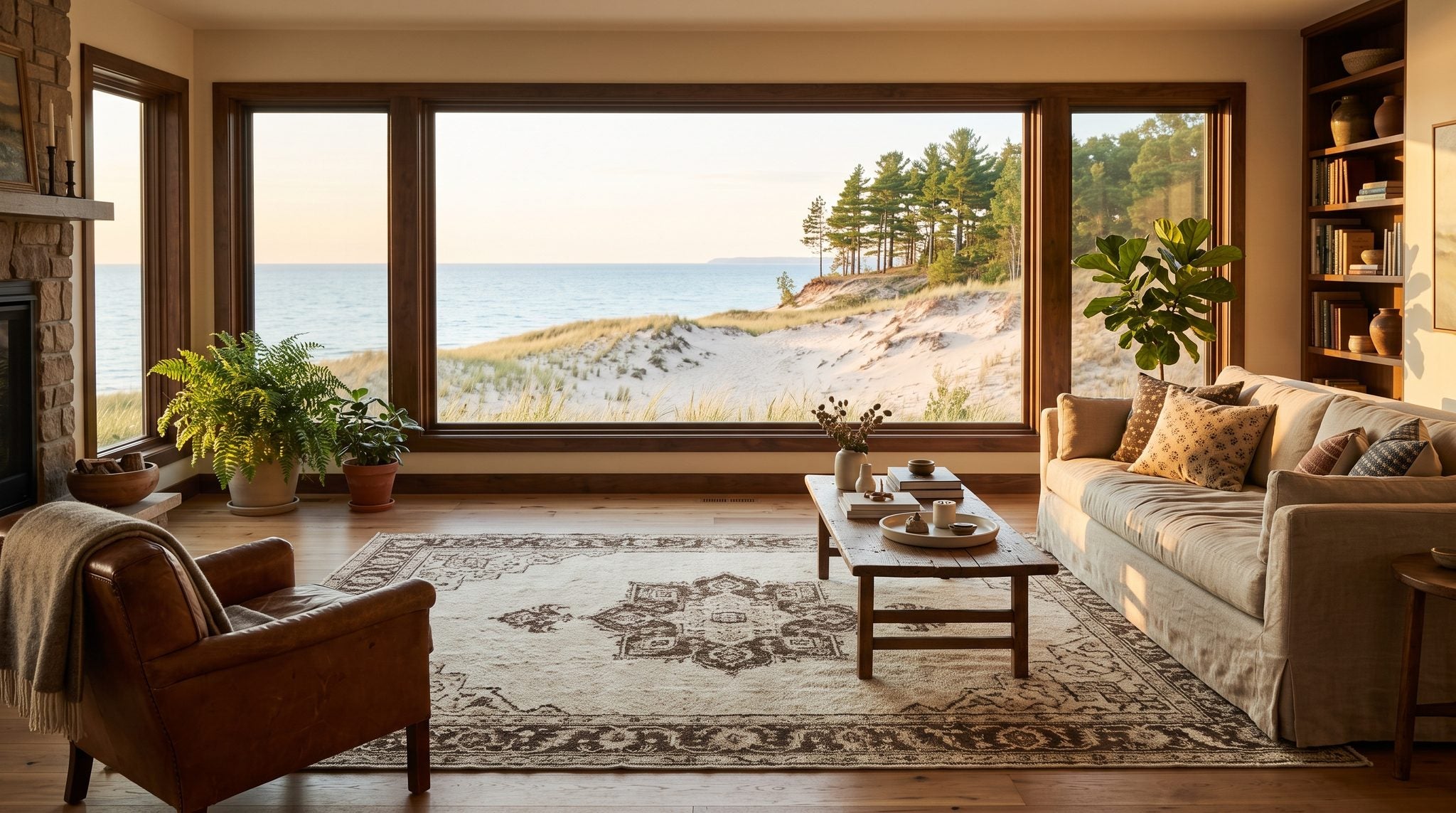 Sunlit living room window overlooking sand dunes, pines and the blue waters of a Great Lakes shoreline in Michigan