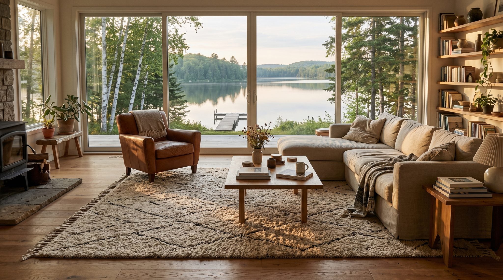 Sunlit room with a window overlooking a calm Minnesota lake framed by birch and pine trees