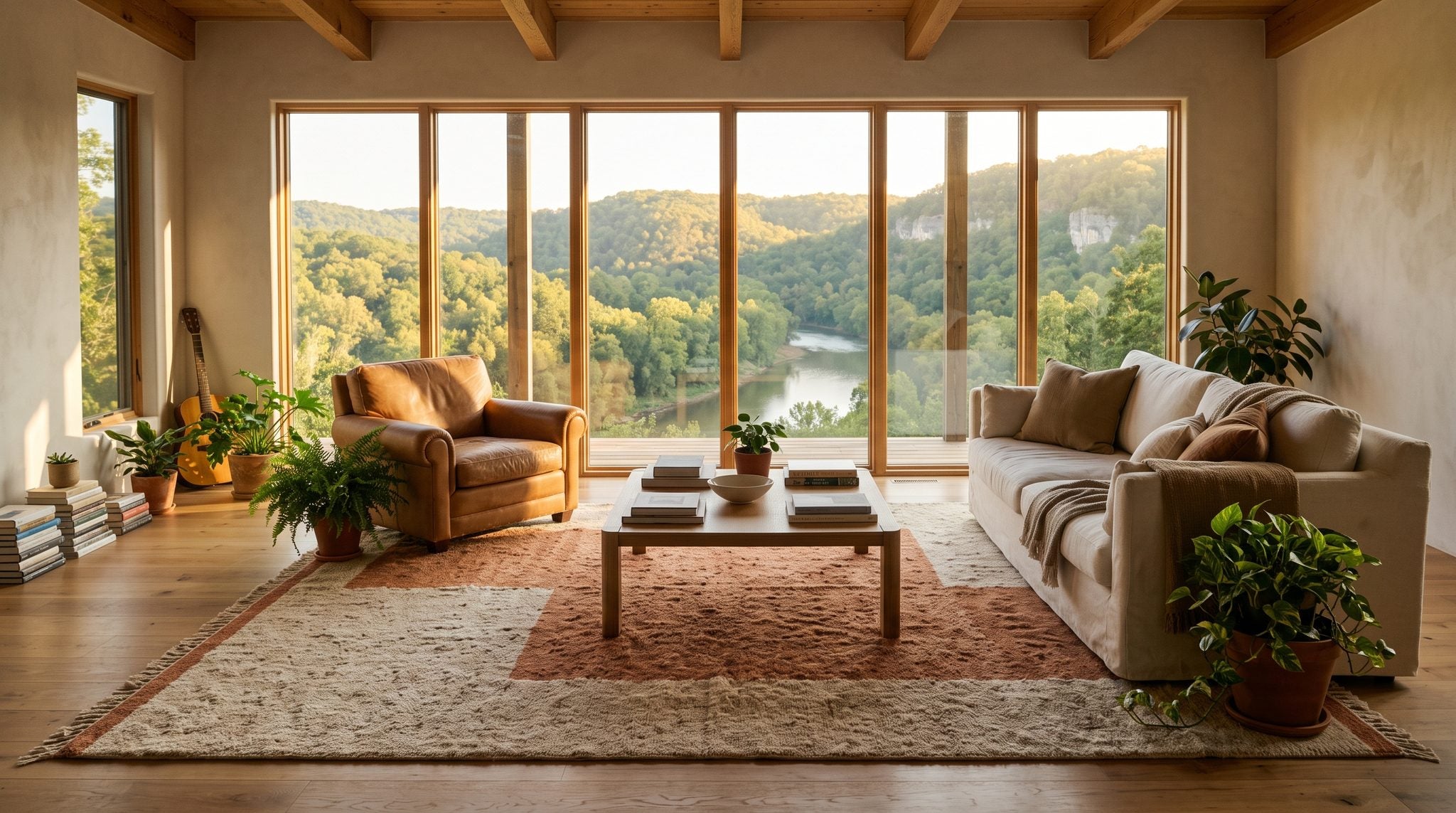 Sunlit living room window looking out over rolling Ozark hills and a river valley in Missouri