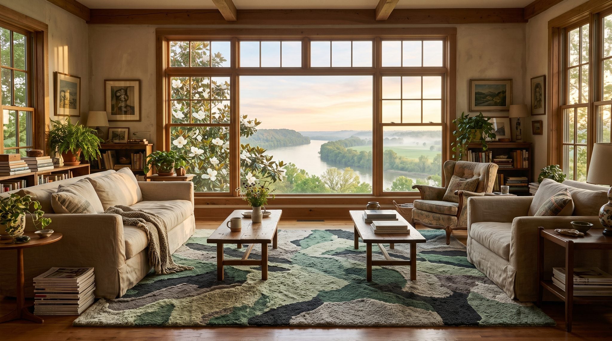 Sunlit room with a window overlooking a Mississippi river landscape, magnolia trees and rolling green woods