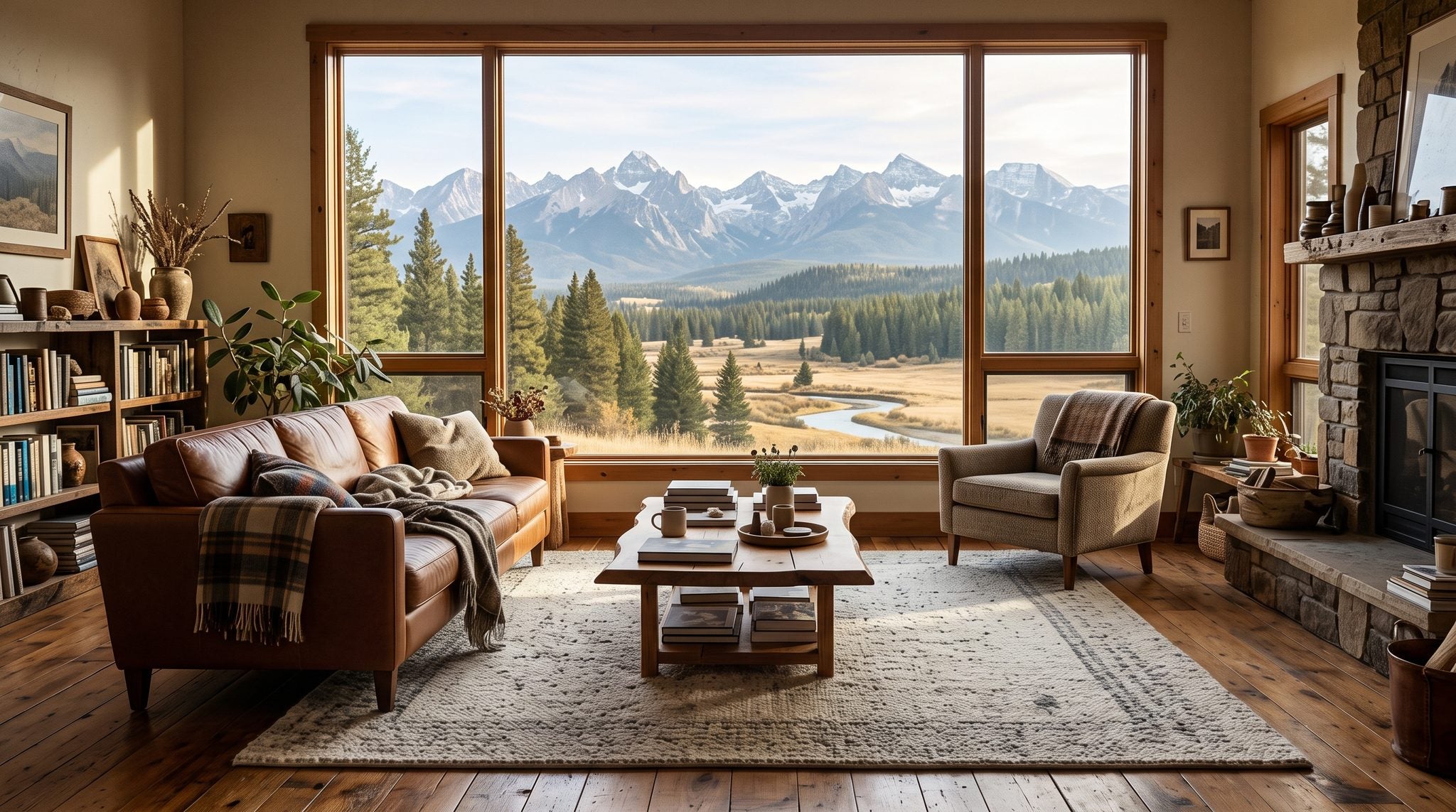Sunlit room with a window looking out on snow-capped Montana mountains, pine forest and open prairie under a big sky.