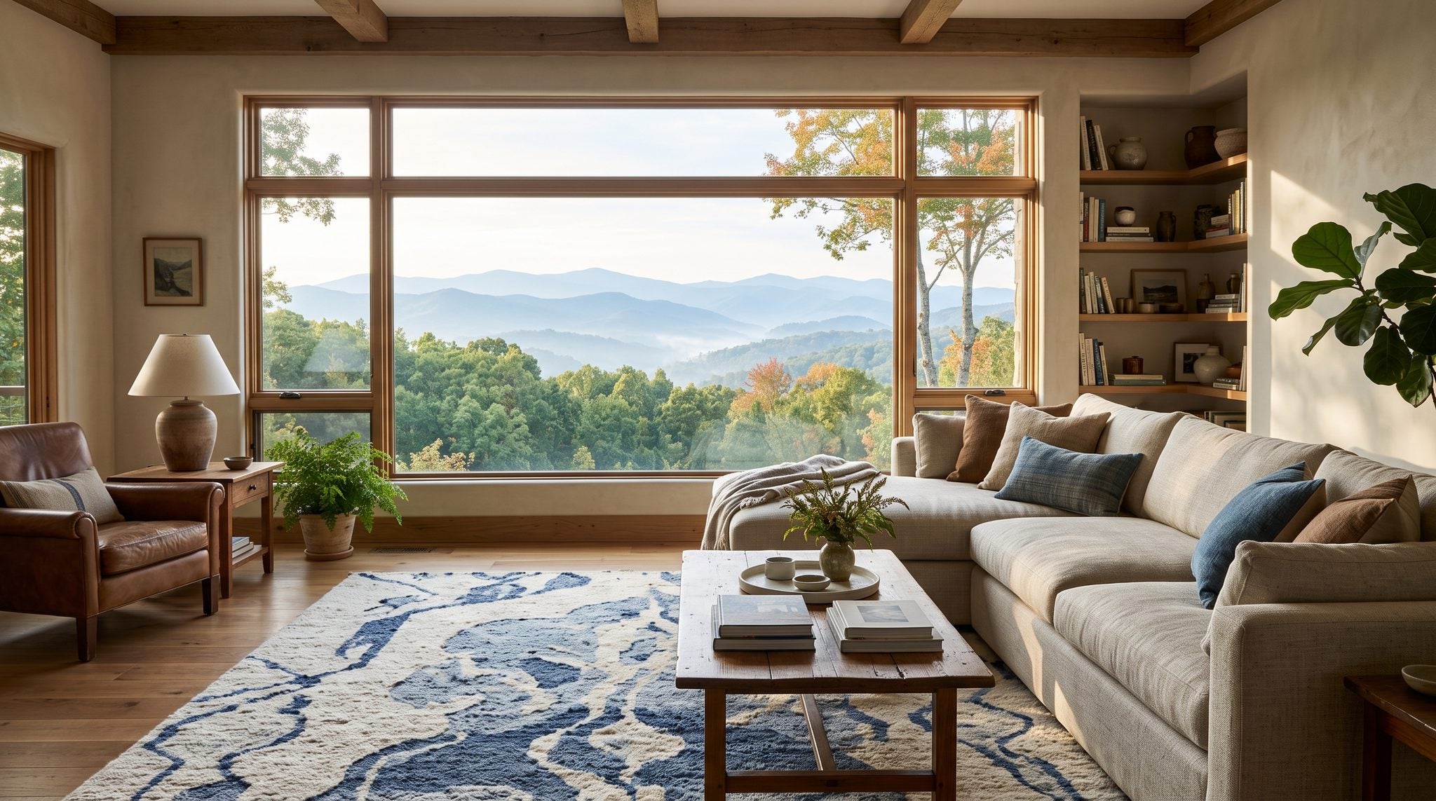 Sunlit window view of misty blue Blue Ridge mountain ridgelines and green forested slopes in North Carolina