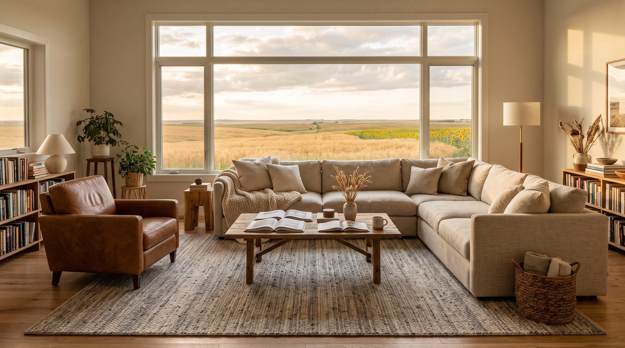 Sunlit living room window overlooking golden North Dakota prairie fields under a wide, open sky