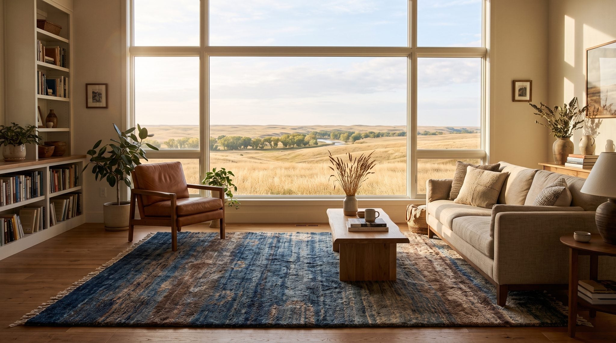 Sunlit room with a window looking out over golden Nebraska prairie and a wide blue sky