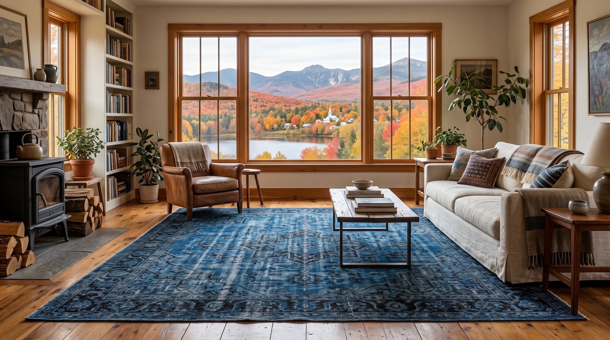Sunlit room with a window looking out on autumn maples, a calm lake and the White Mountains of New Hampshire