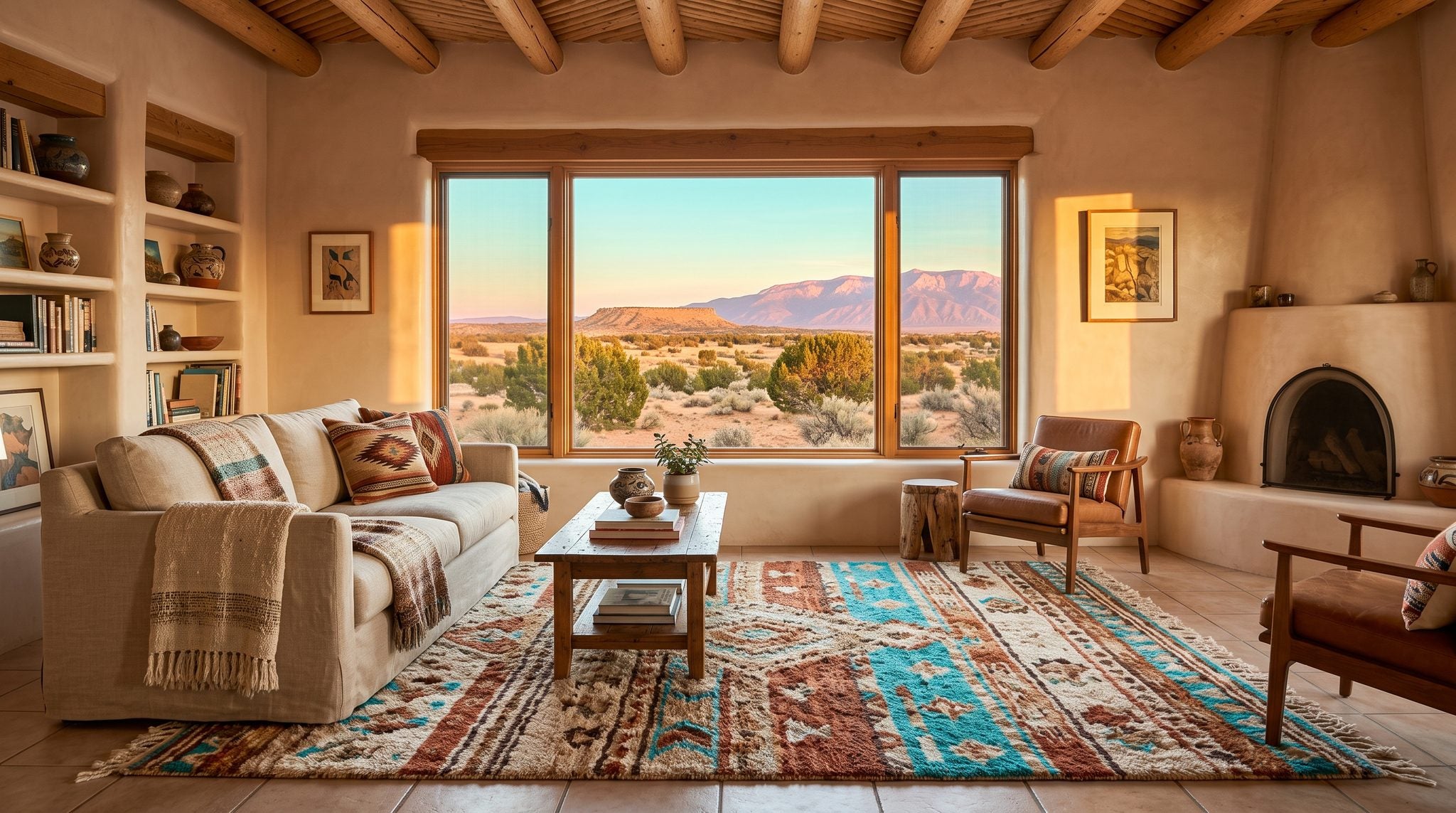 Sunlit room with a window looking out on a New Mexico high desert, mesa and mountains glowing at golden hour