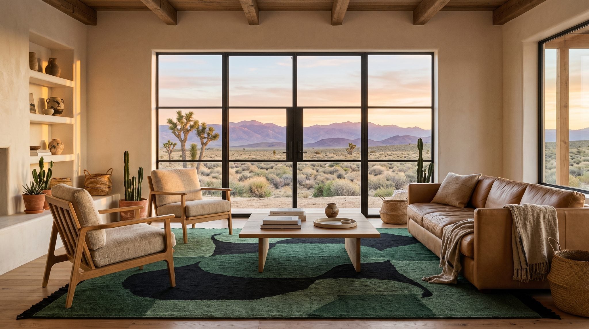 Sunlit living room window overlooking Nevada desert plains and distant mountains at golden hour