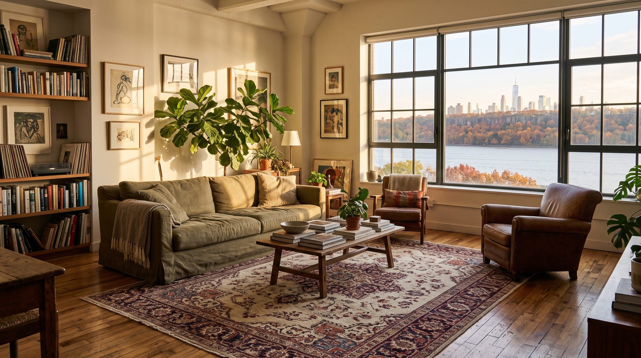 Sunlit living room window overlooking the New York skyline and Hudson River in warm autumn light