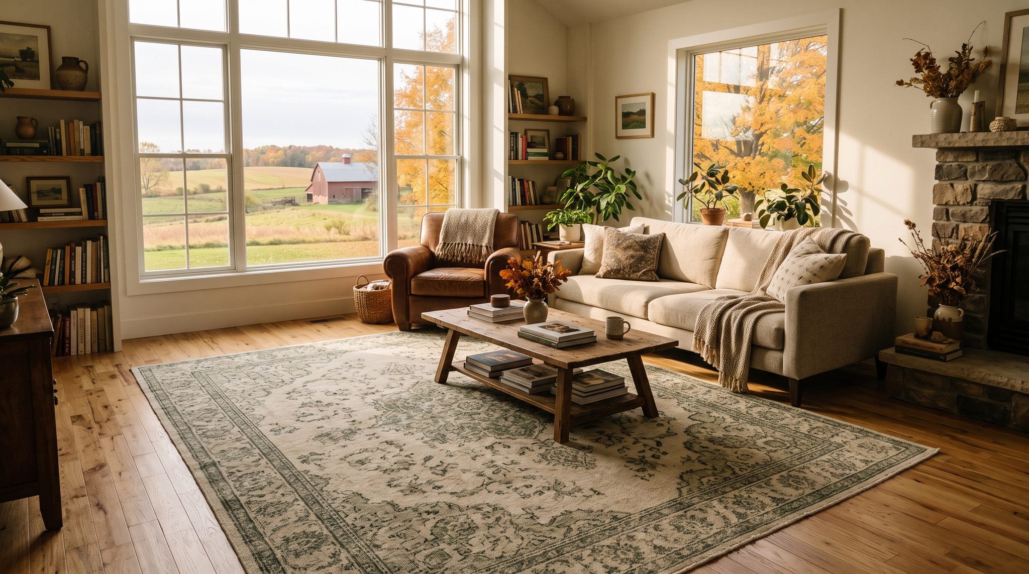 Sunlit living room window overlooking golden autumn farmland and a red barn in Ohio