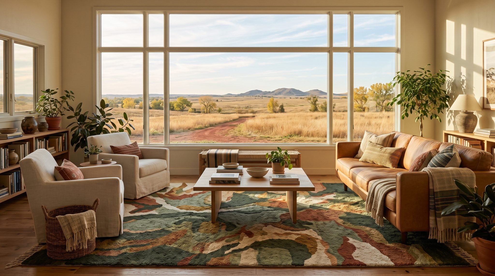 Sunlit room with a window looking out over golden Oklahoma prairie, red earth and cottonwood trees under a big sky