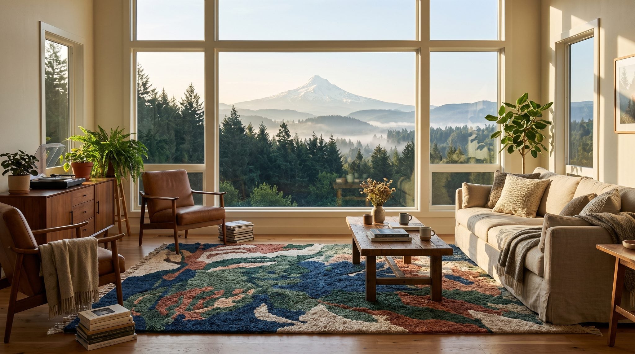 Sunlit room with a window looking out on evergreen forest and snow-capped Mount Hood in Oregon