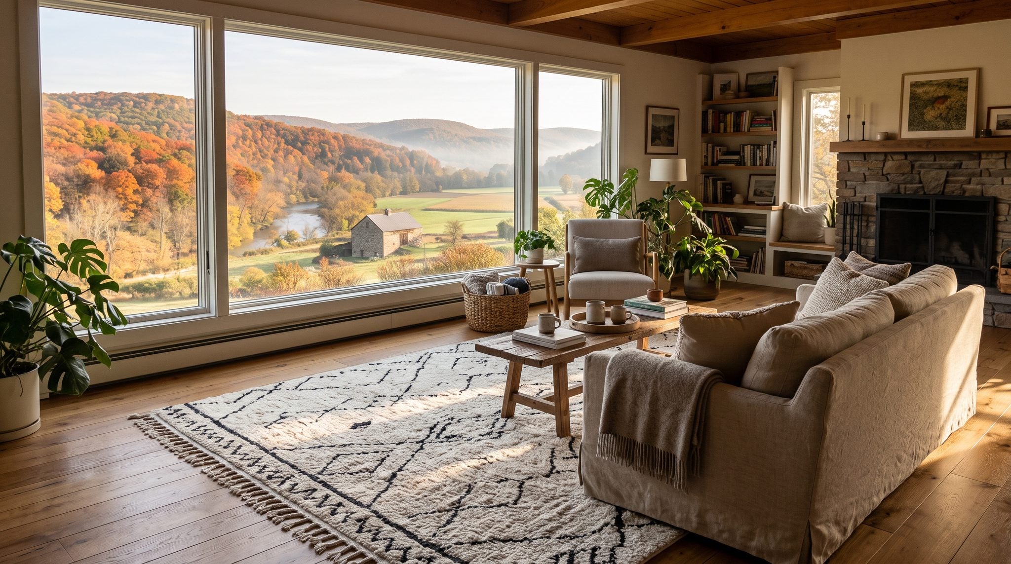 Sunlit room with a window overlooking autumn-colored Pennsylvania hills and a river valley