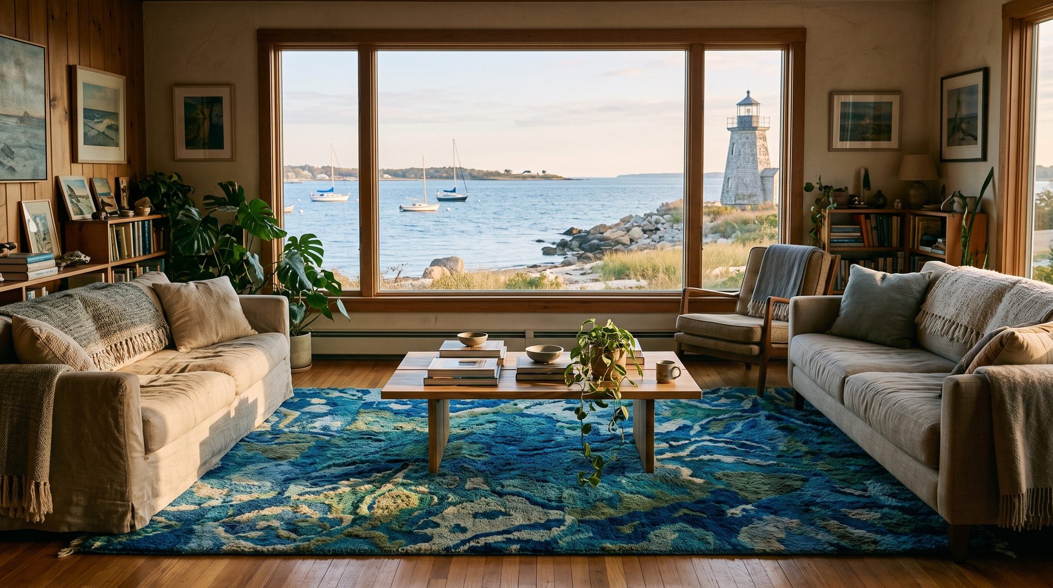 Sunlit window view of Narragansett Bay with sailboats, rocky shoreline and a distant lighthouse