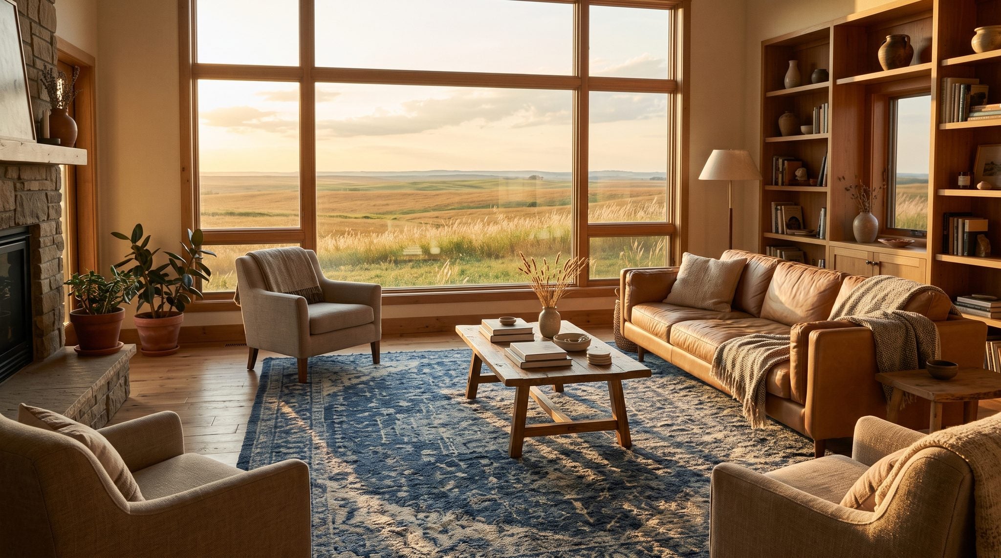 Sunlit room with a window overlooking rolling South Dakota prairie under a golden evening sky