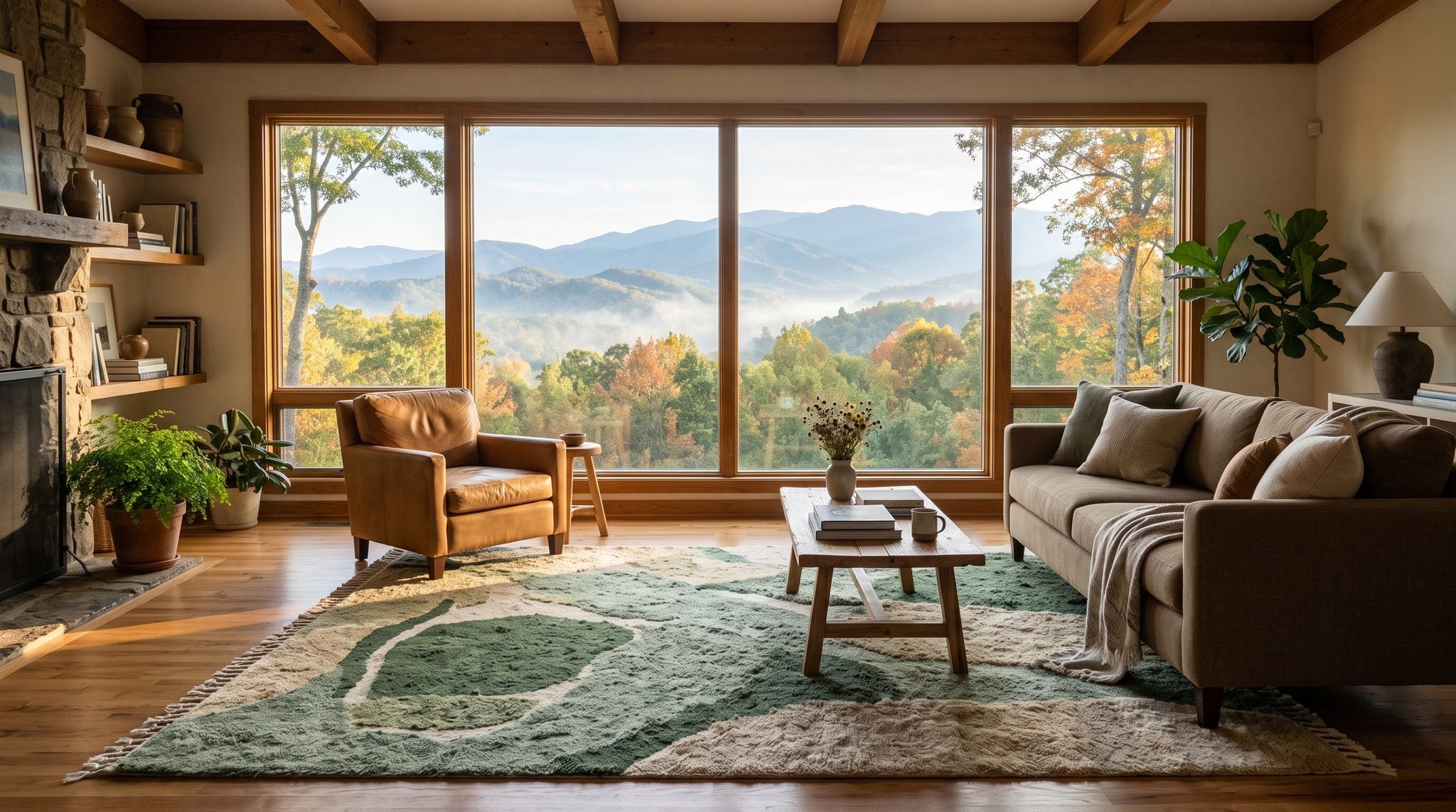 Sunlit room with a window view of misty, forested Smoky Mountain ridges in Tennessee
