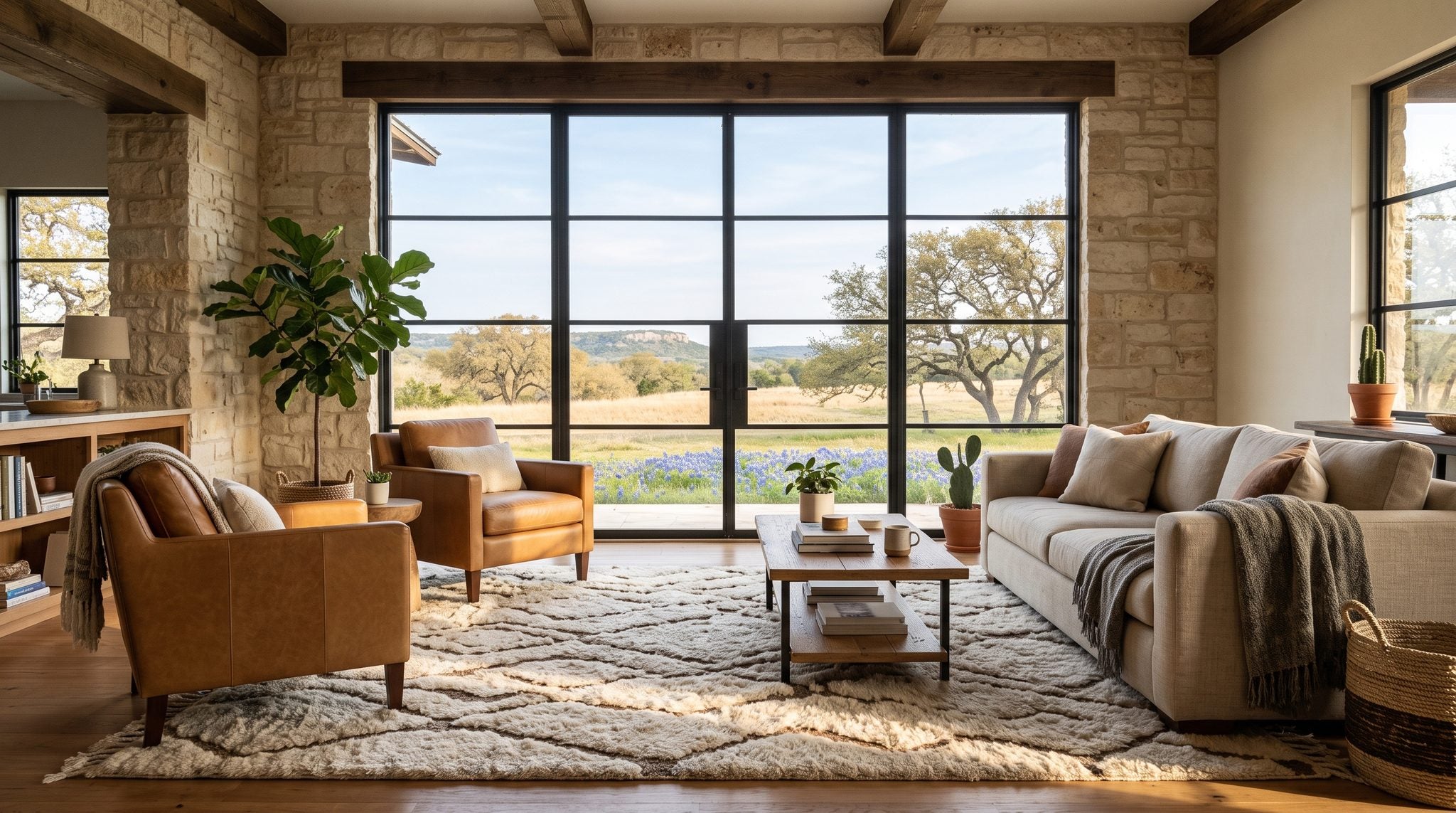 Sunlit living room window overlooking Texas Hill Country with oak trees, golden grass and bluebonnets under a wide sky
