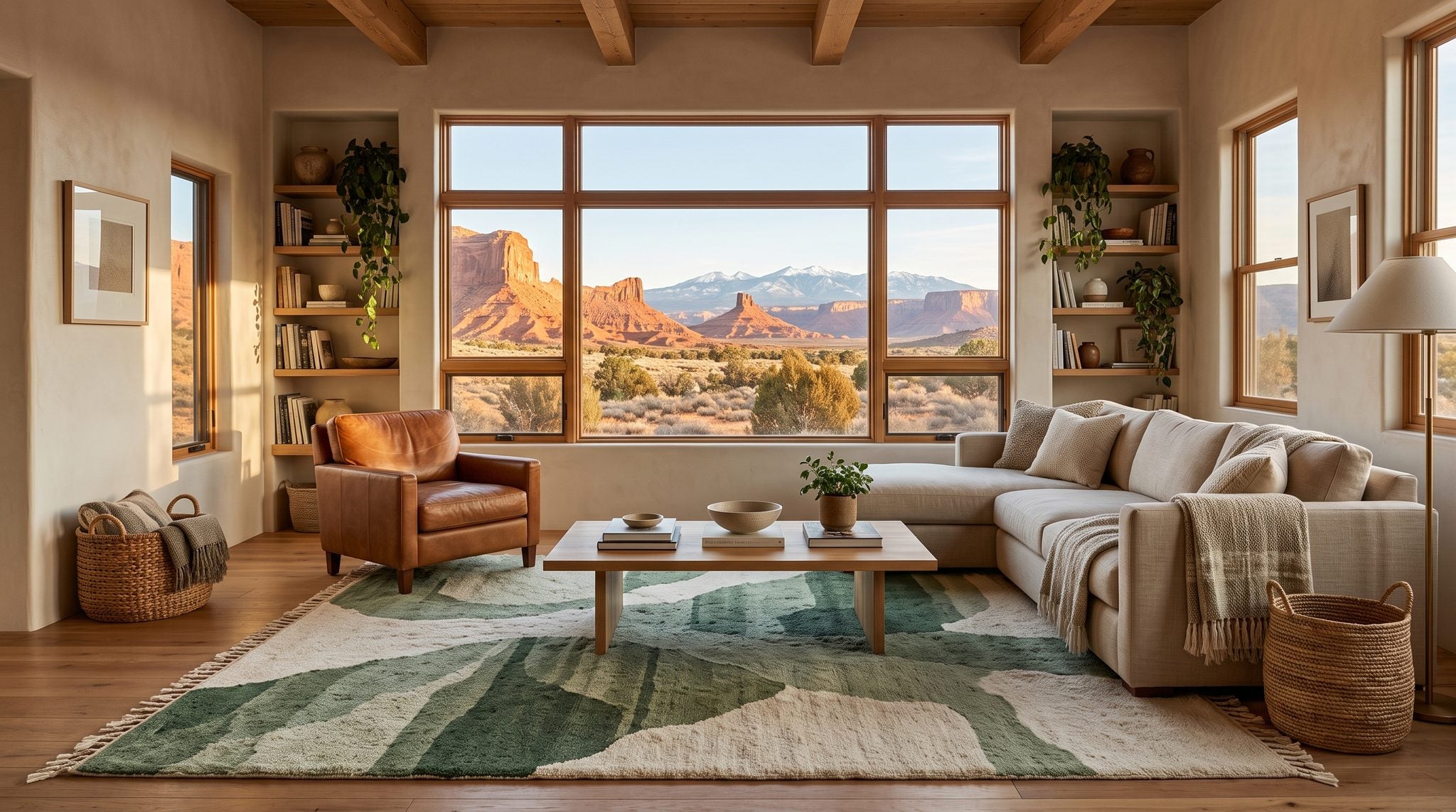 Sunlit living room window overlooking glowing red rock buttes and distant snowy mountains in Utah