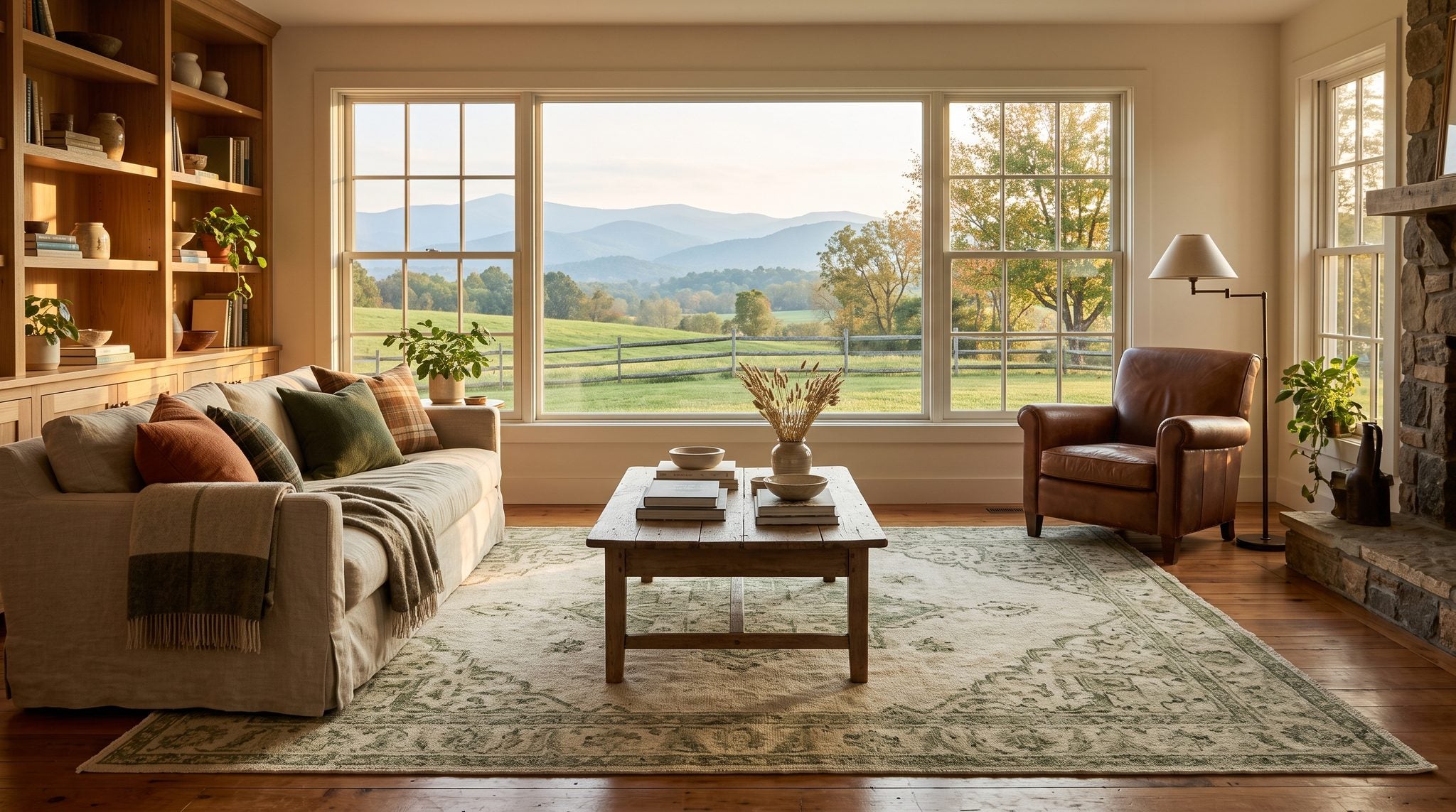 Sunlit room with a window overlooking Blue Ridge Mountains and green valley pastures in Virginia
