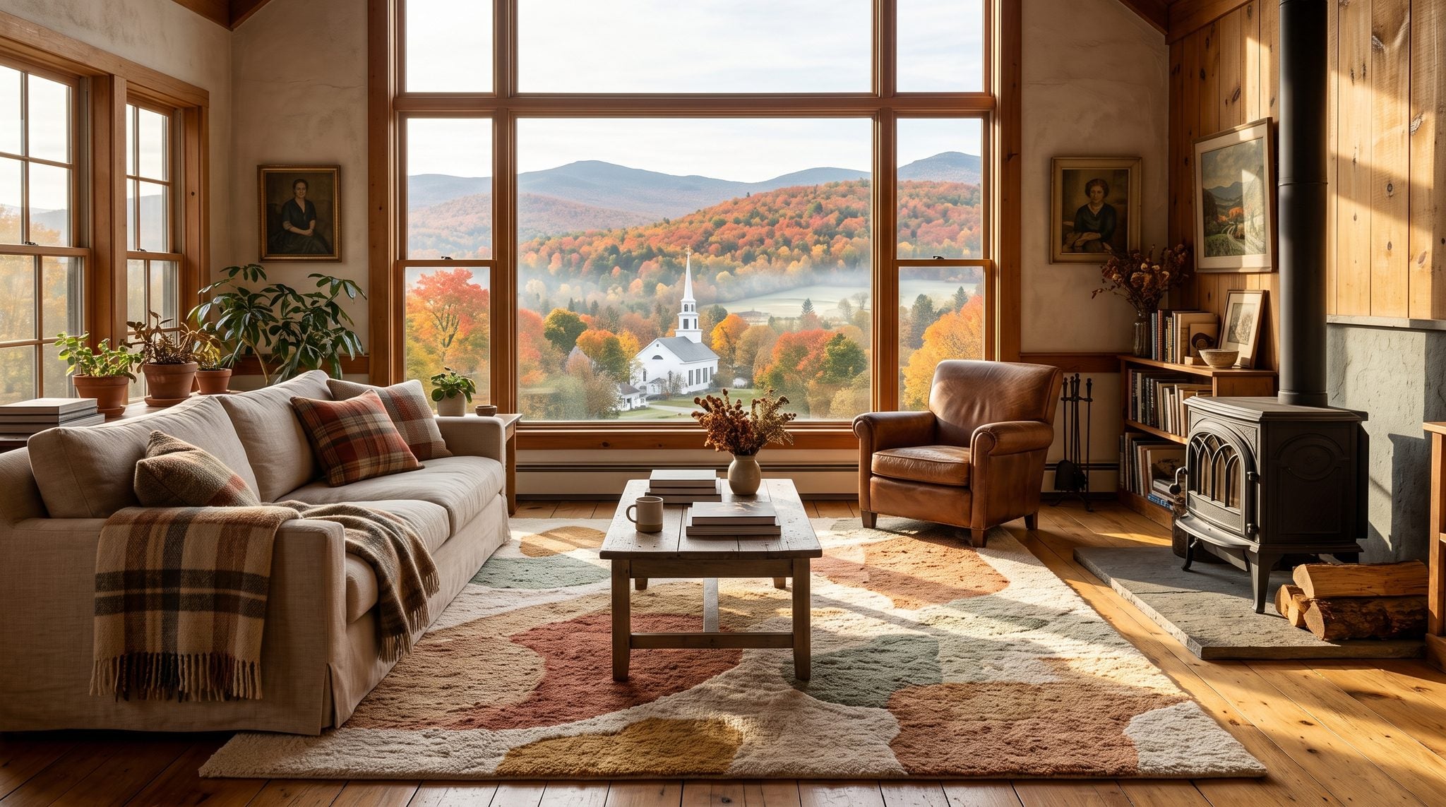 Sunlit room with a window looking out on autumn maple hills and a white-steepled village in Vermont's Green Mountains
