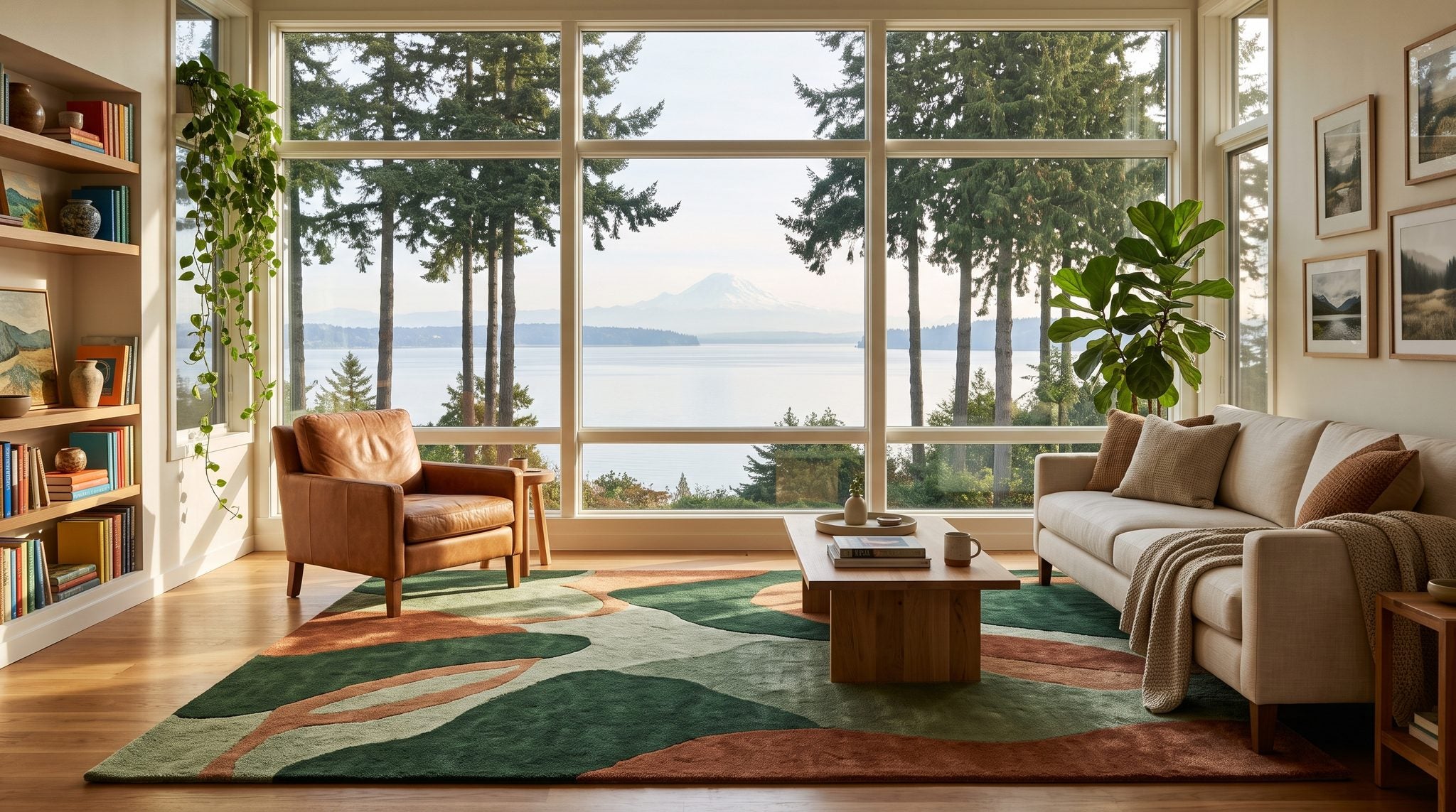 Sunlit room window overlooking evergreens, Puget Sound and snowcapped Cascade mountains in Washington