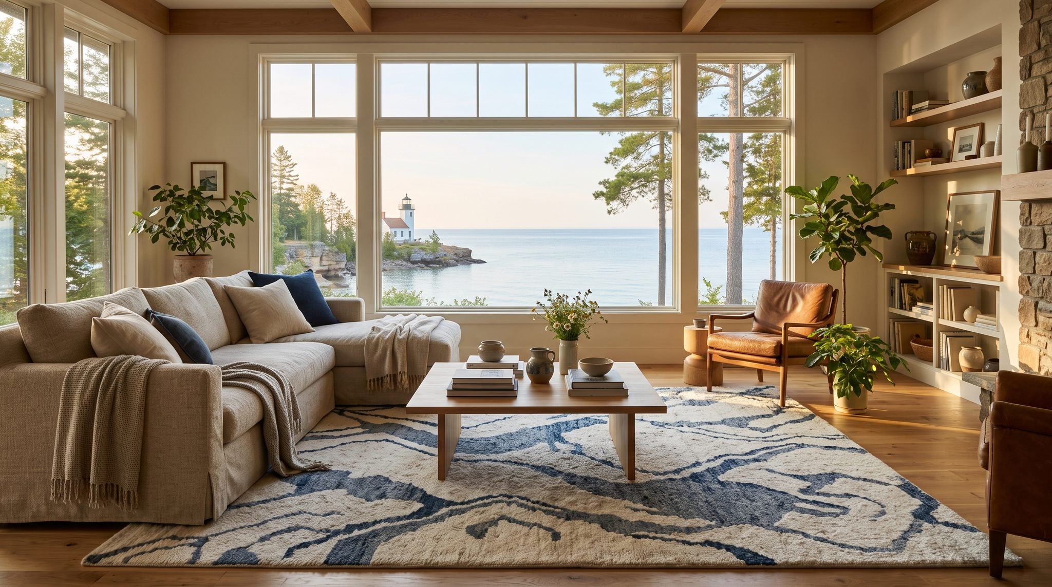 Sunlit room with a window view of a Wisconsin lake shore, lighthouse, pines and limestone bluffs