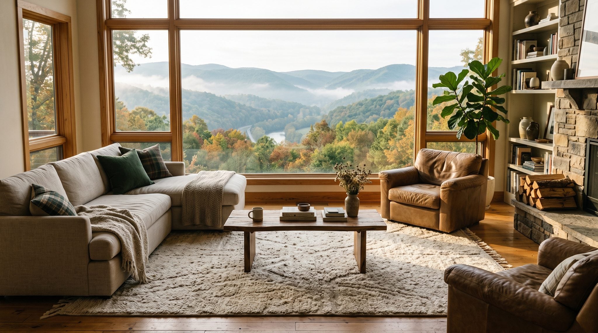 Sunlit living room window looking out over misty forested Appalachian ridgelines in West Virginia