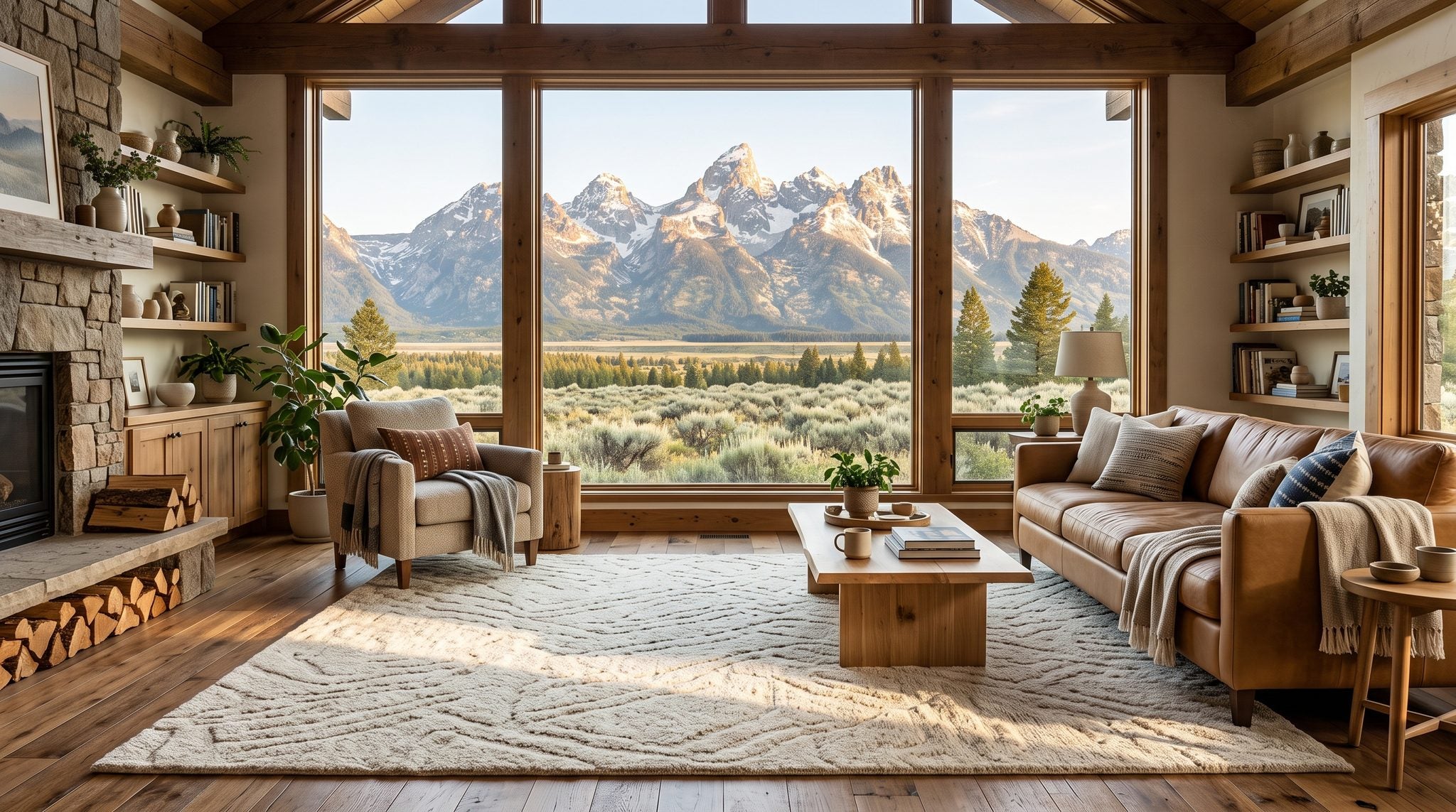 Sunlit room window looking out on the snow-capped Teton Range above a sagebrush valley in Wyoming