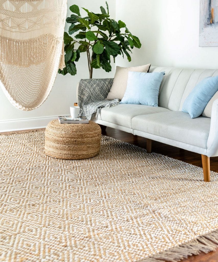 Braided jute coastal style rug in living room