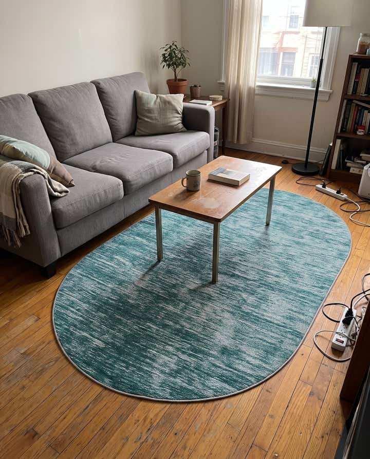 2' x 3' Prewitt · Abstract striped rug, teal and ivory