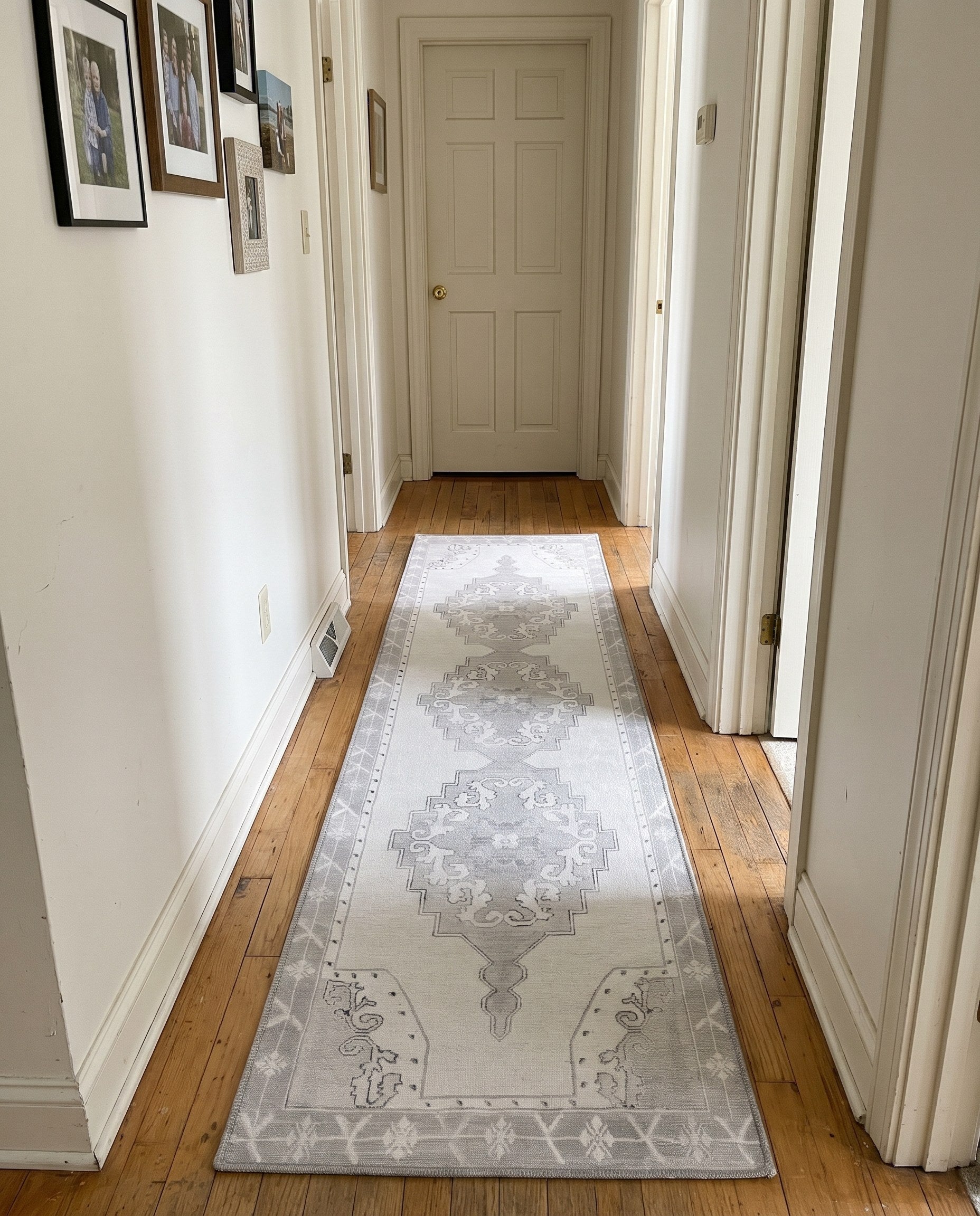 2' x 7' 10 Sanderson · Medallion Washable Rug, gray and white