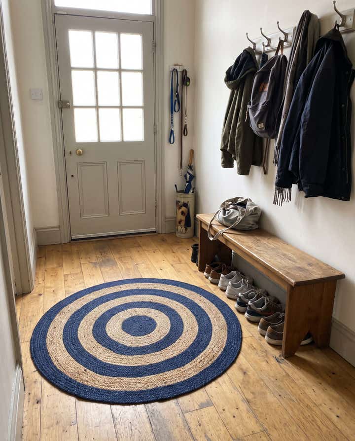 5' 1 x 5' 1 Goodwin · Concentric stripe Braided Jute Rug, navy and natural