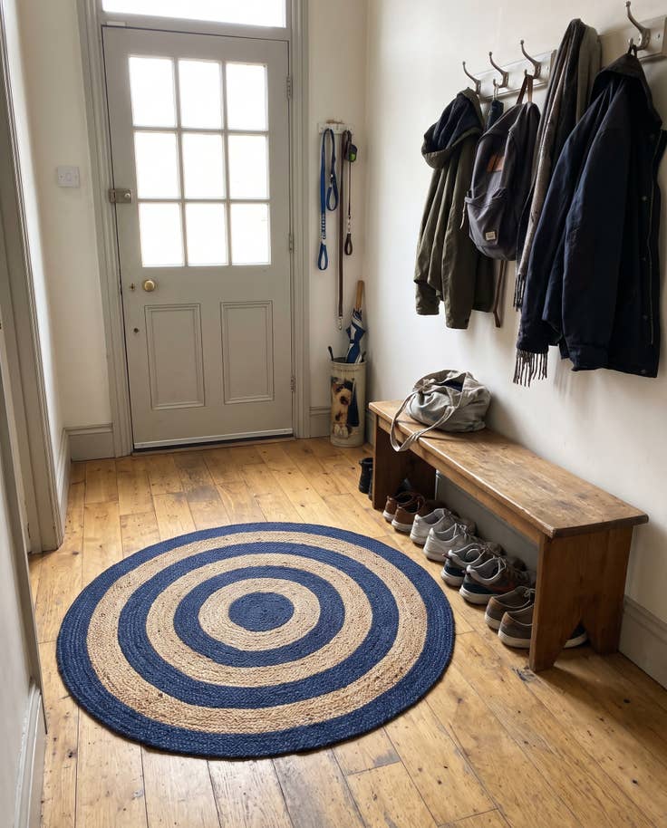 Detail image of 5' 1 x 5' 1 Goodwin · Concentric stripe Braided Jute Rug, navy and natural