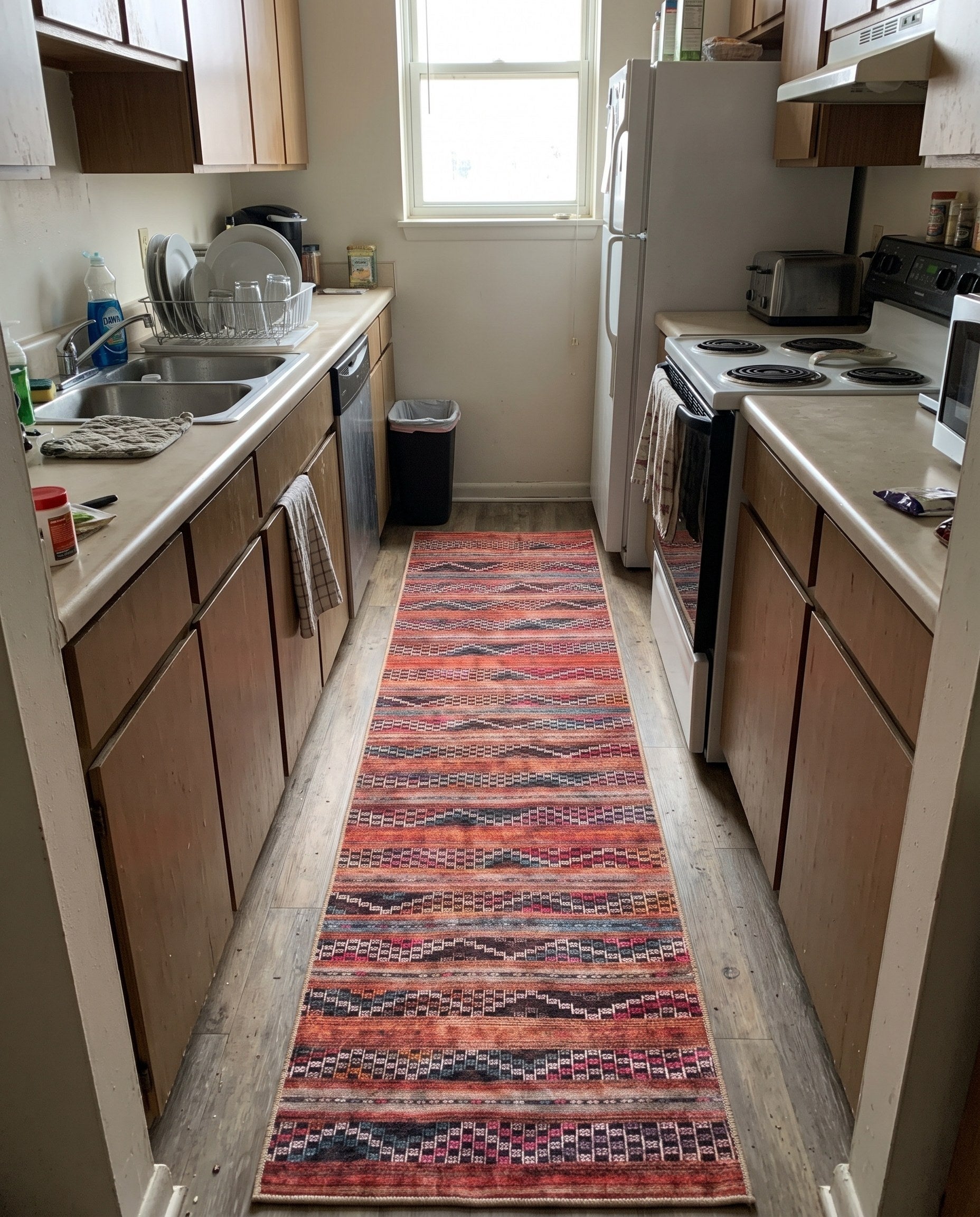 2' 6 x 12' Wetherby · Tribal striped Washable Rug, rust and black