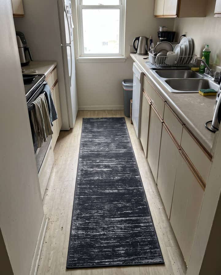 2' x 4' Prewitt · Linear abstract rug, black and ivory