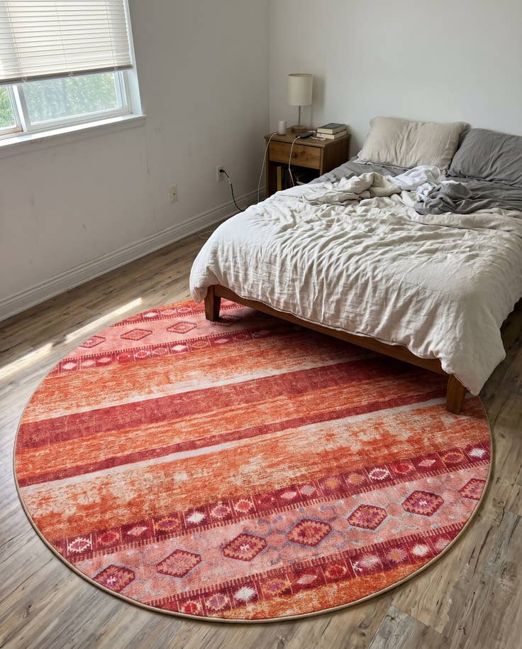 Detail image of 3' 6 x 3' 6 Dalton · Tribal striped Washable Rug, rust and orange