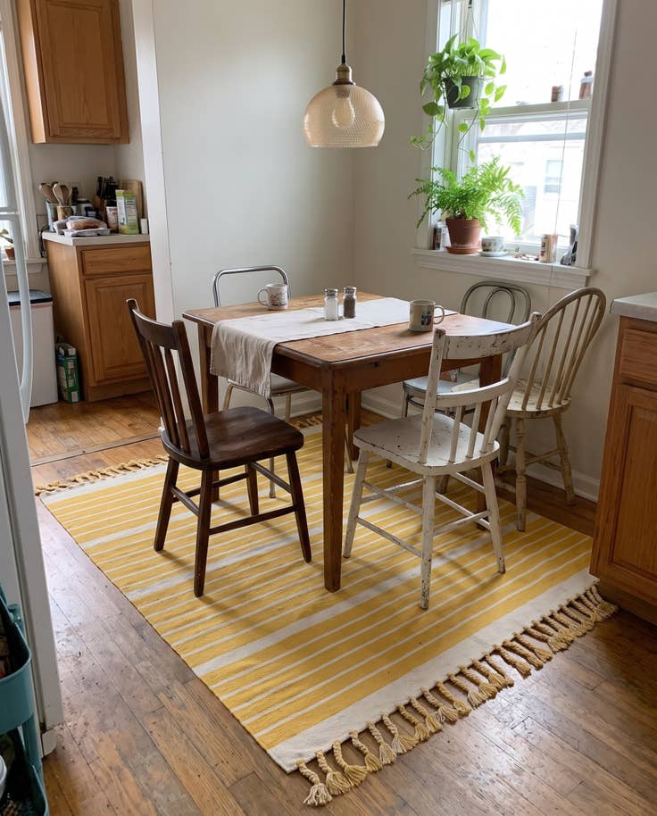 Detail image of 7' 1 x 7' 1 Ottley · Striped Chindi Rug, yellow and white