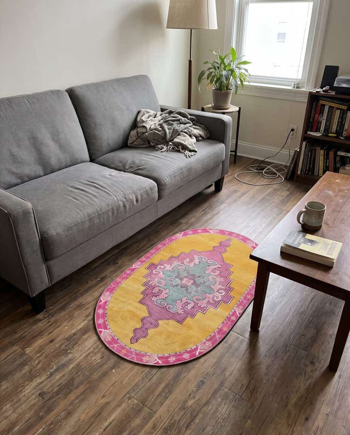 2' x 3' Sanderson · Medallion Washable Rug, yellow and pink