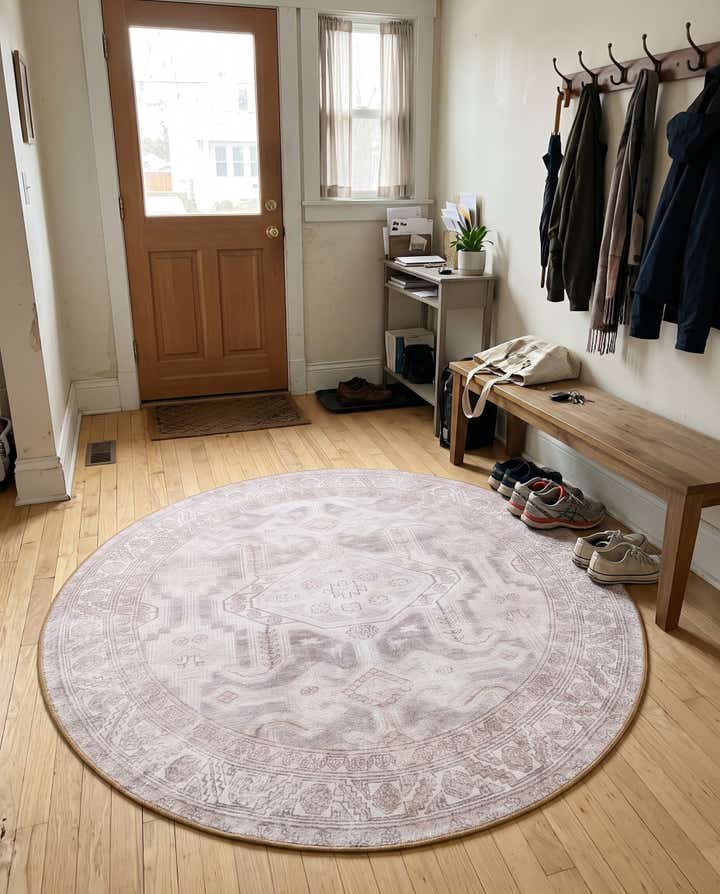 3' 6 x 3' 6 Walford · Faded medallion Washable Rug, gray and beige