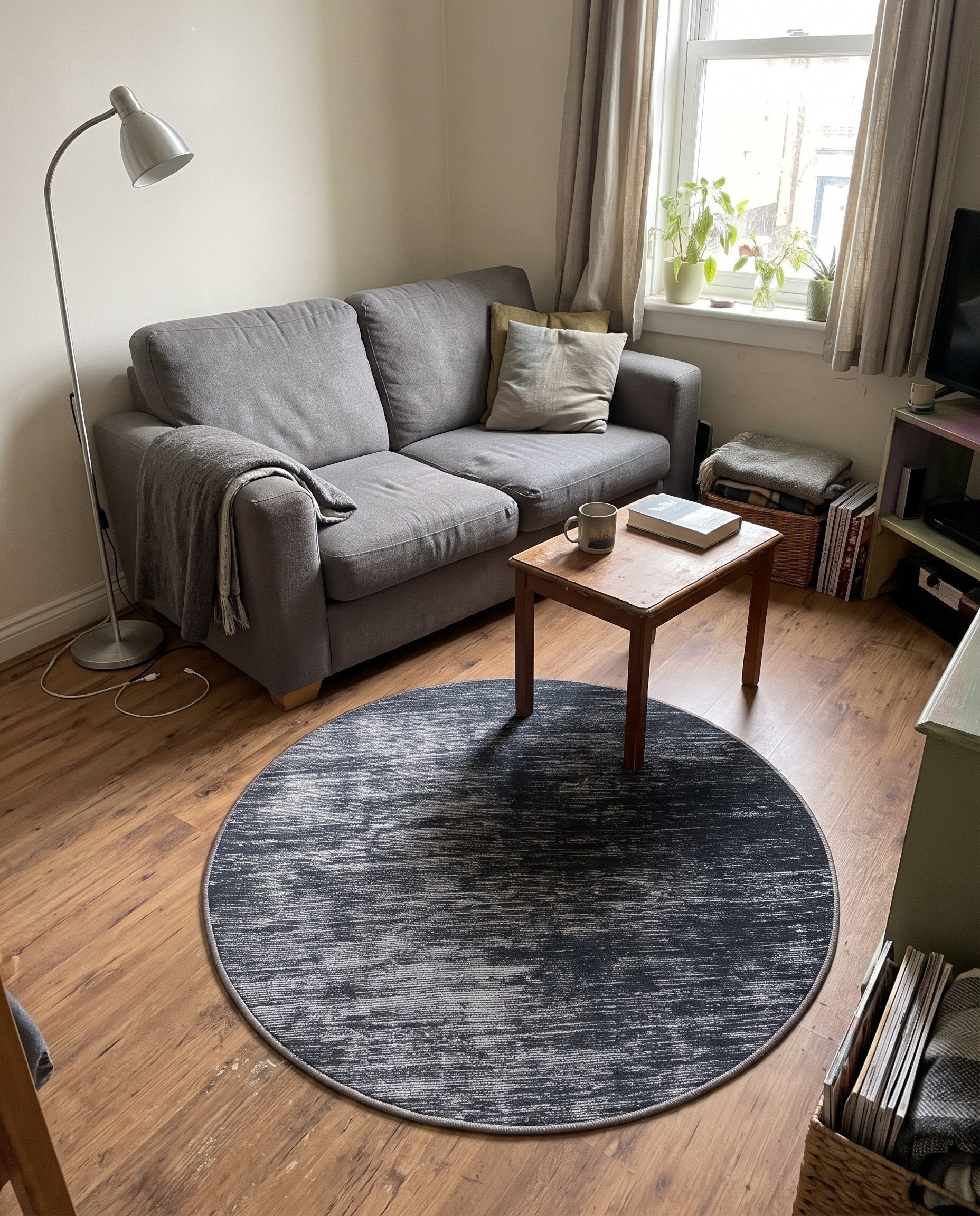 3' 6 x 3' 6 Prewitt · Linear abstract rug, black and ivory