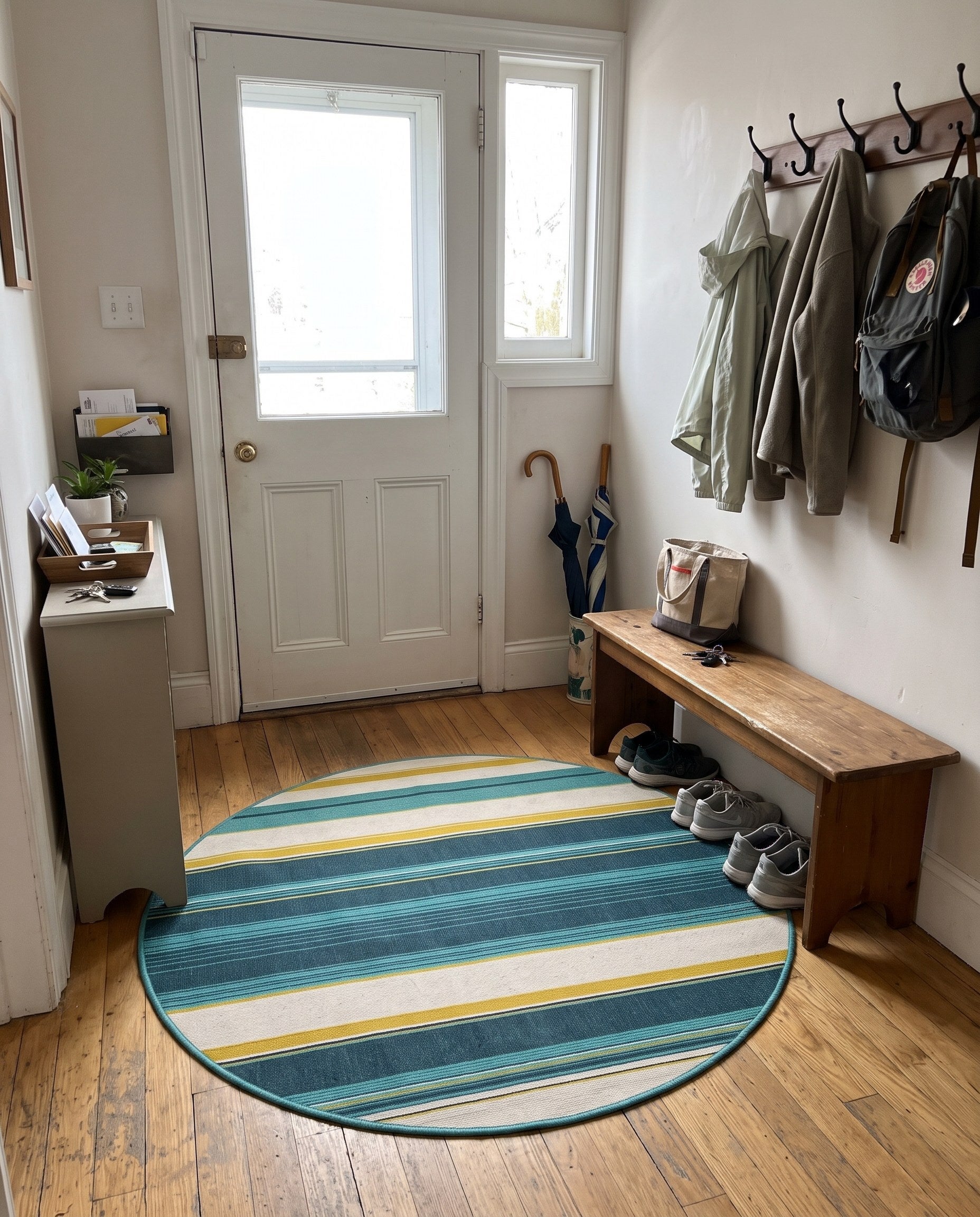 6' x 6' Larkin · Striped Outdoor Rug, navy, teal and yellow