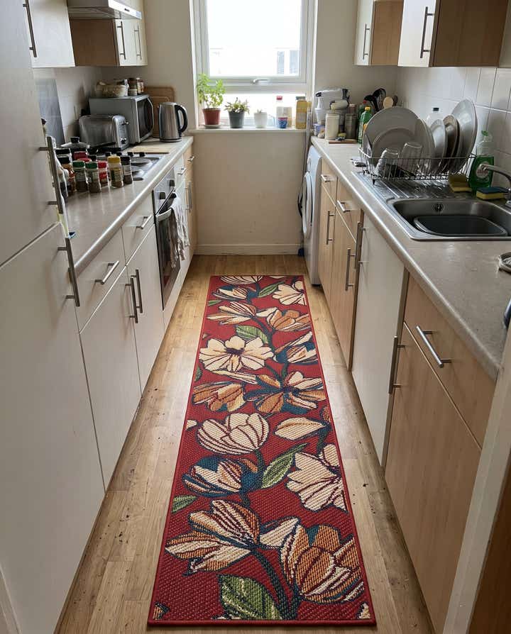 2' x 8' Lyndon · Floral Outdoor Rug, rust red and cream
