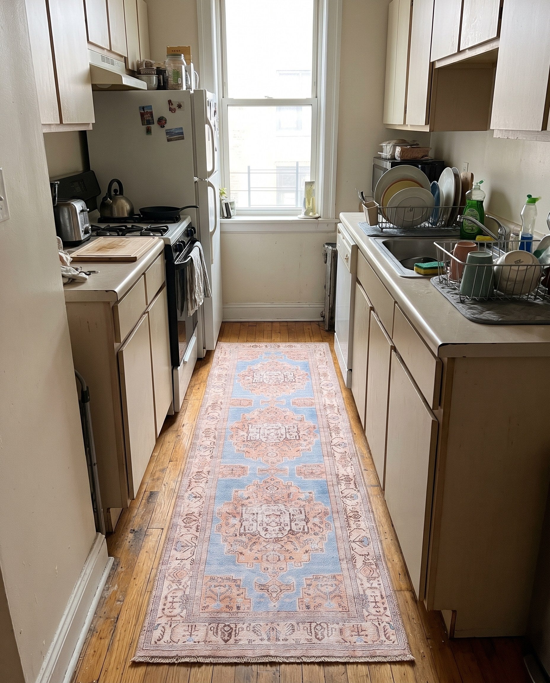 2' x 6' Boone · Medallion Washable Rug, blue and beige