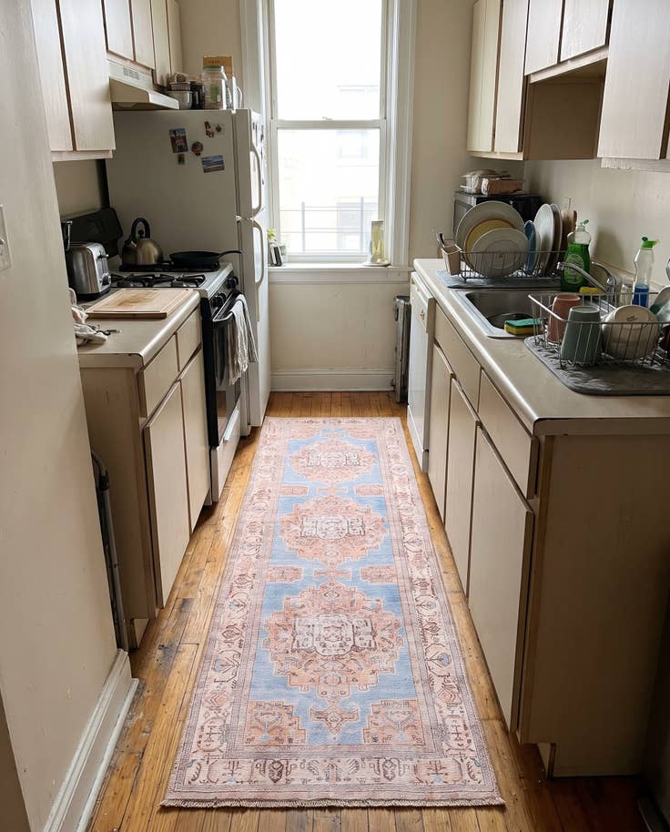 Detail image of 2' x 6' Boone · Medallion Washable Rug, blue and beige