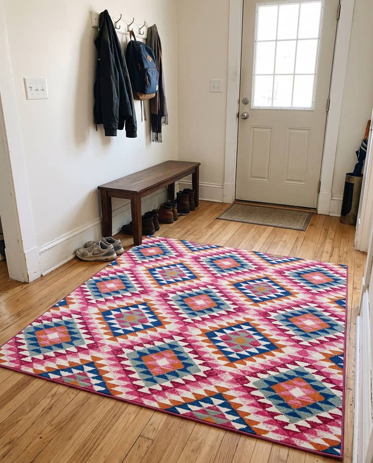 Detail image of 6' x 6' Lomax · Geometric diamond Outdoor Rug, pink and multi