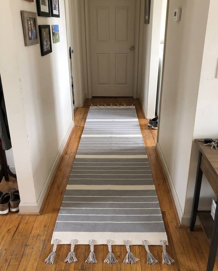Detail image of 2' 7 x 10' Ottley · Striped Chindi Rug, gray and cream