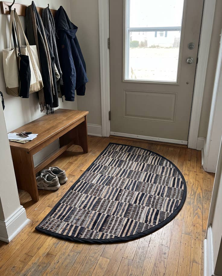 Detail image of 2' 2 x 3' 7 Ratcliff · Striped Chindi Rug, charcoal, beige and blue