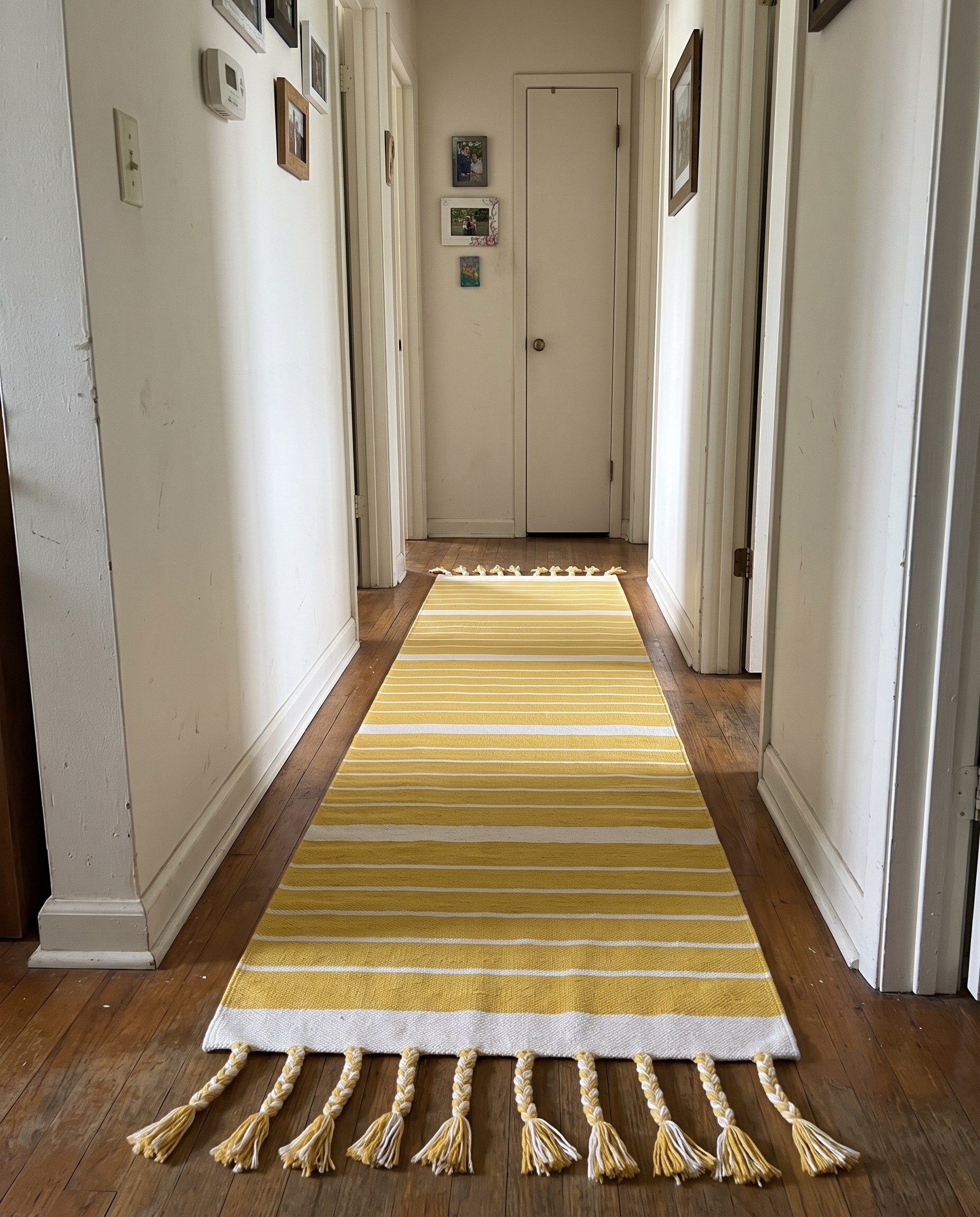 2' 7 x 12' Ottley · Striped Chindi Rug, yellow and white