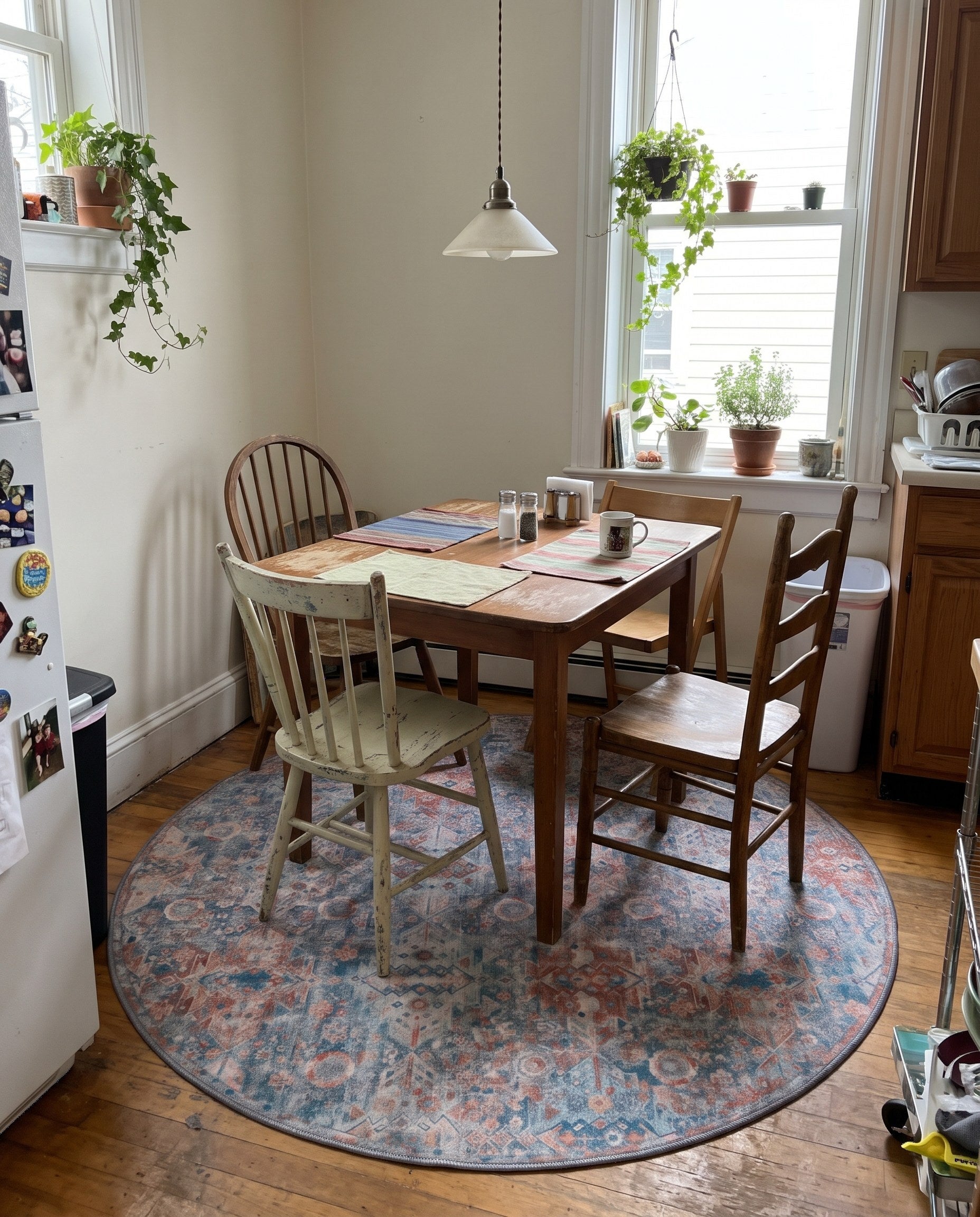 5' x 5' Waters · Geometric medallion Washable Rug, blue and rust