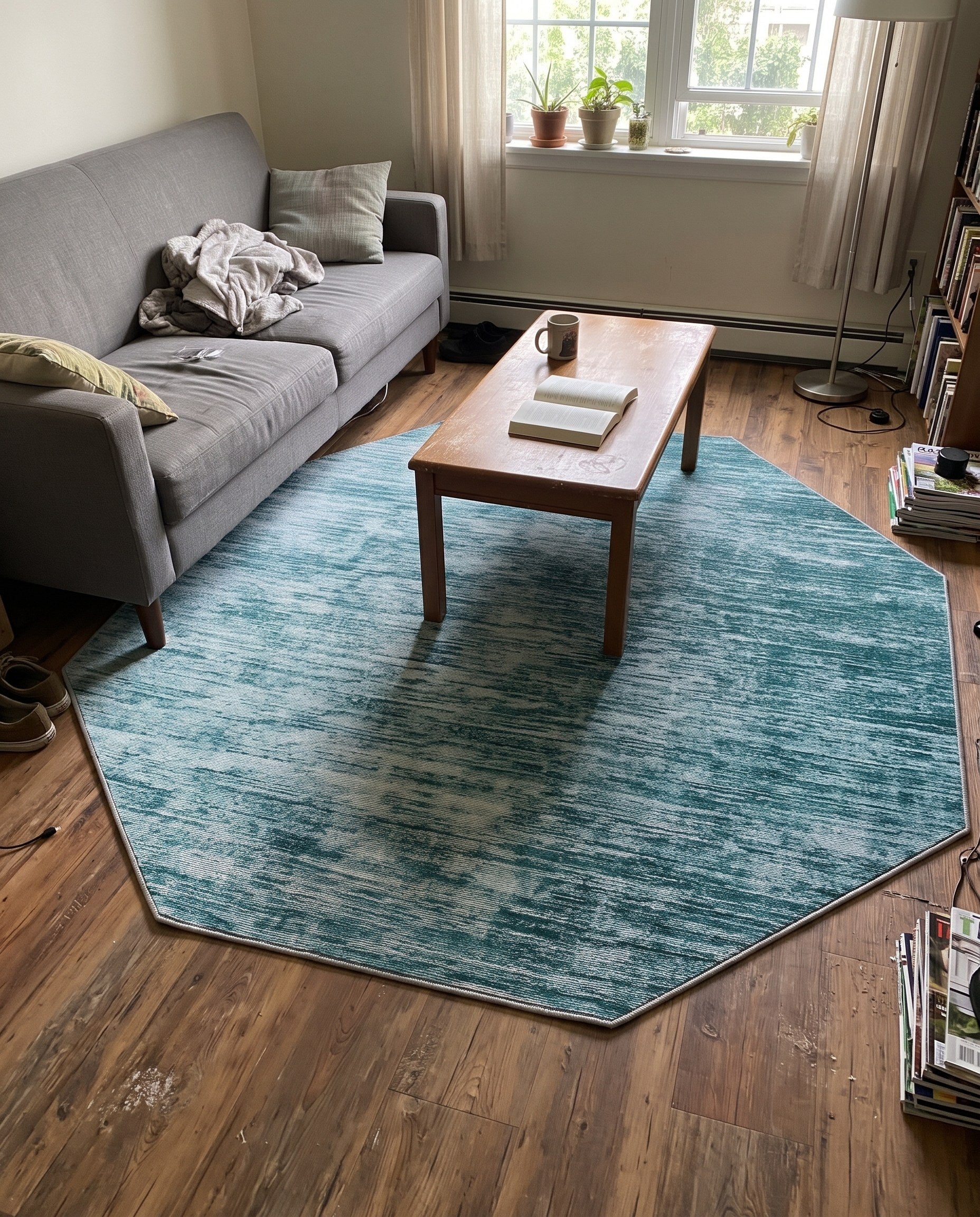 7' 7 x 7' 7 Prewitt · Abstract striped rug, teal and ivory